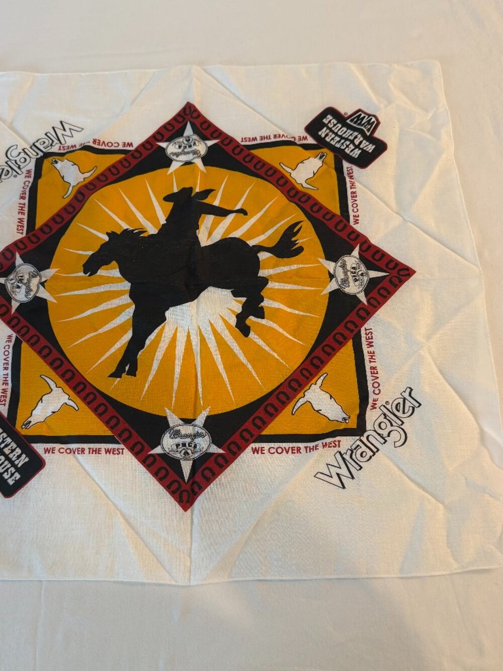 Vintage Wrangler PRCA Western Warehouse Bandana White Cowboy Rodeo USA 22x22
